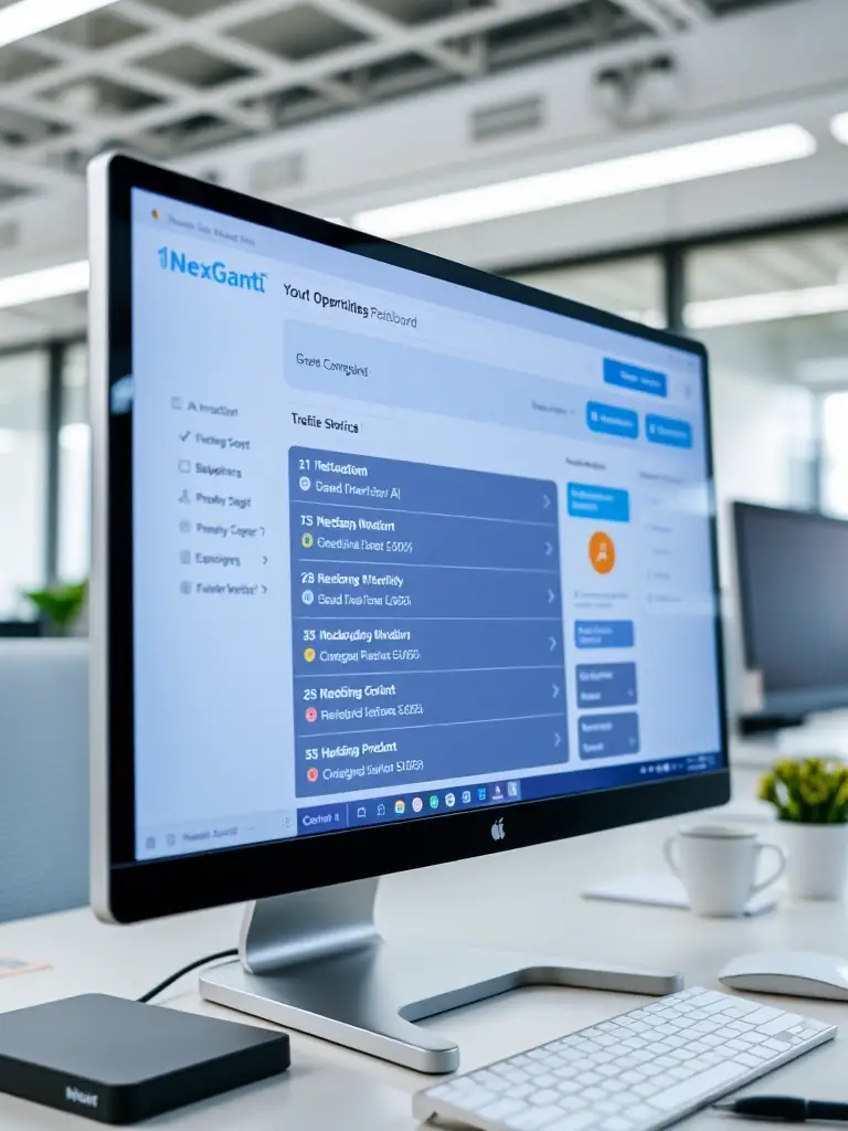 A professional photograph of a computer screen displaying the NexGrant AI grant matching interface, showing a list of relevant grant opportunities based on a user's profile.