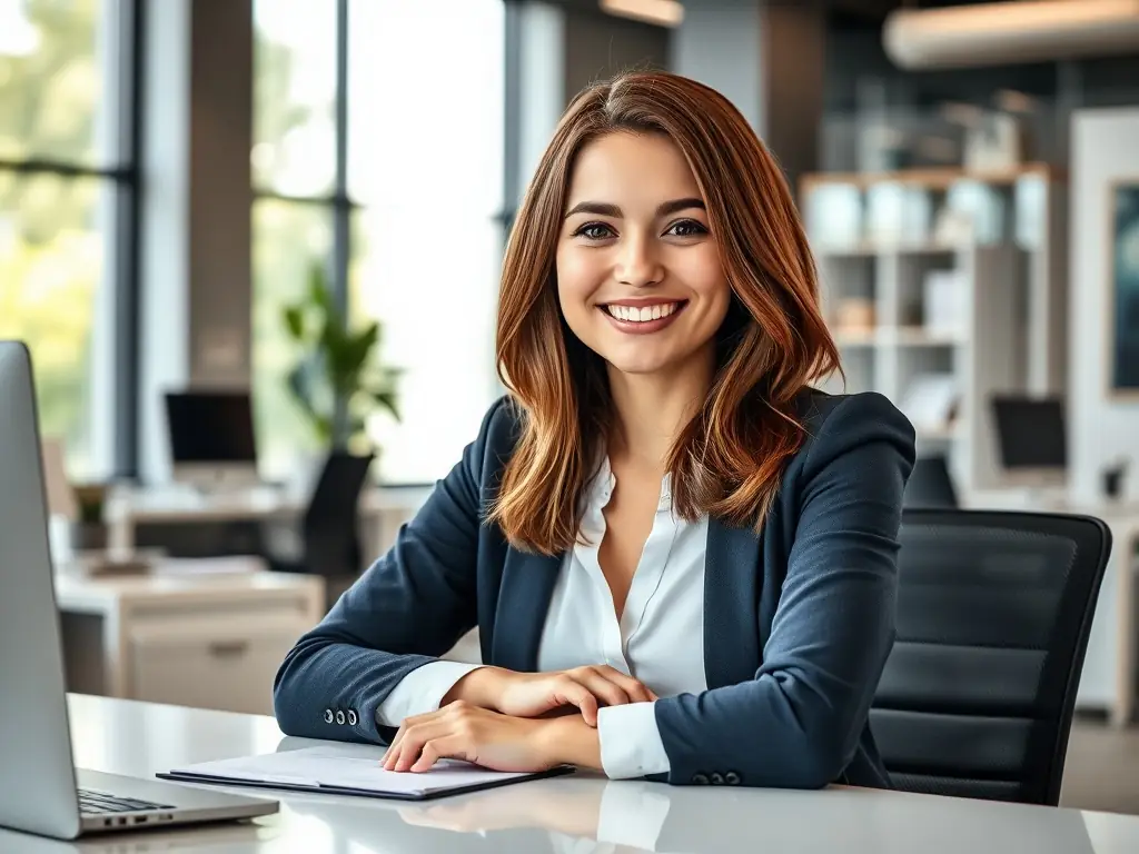 A professional woman smiles confidently while working on a laptop, surrounded by documents and charts related to grant applications. The setting is a modern office, emphasizing productivity and success.